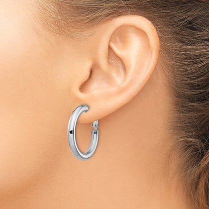 14K White Gold 4X20mm Polished Round Omega Back Hoop Earrings