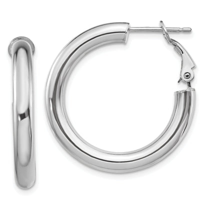 14K White Gold 4X20mm Polished Round Omega Back Hoop Earrings