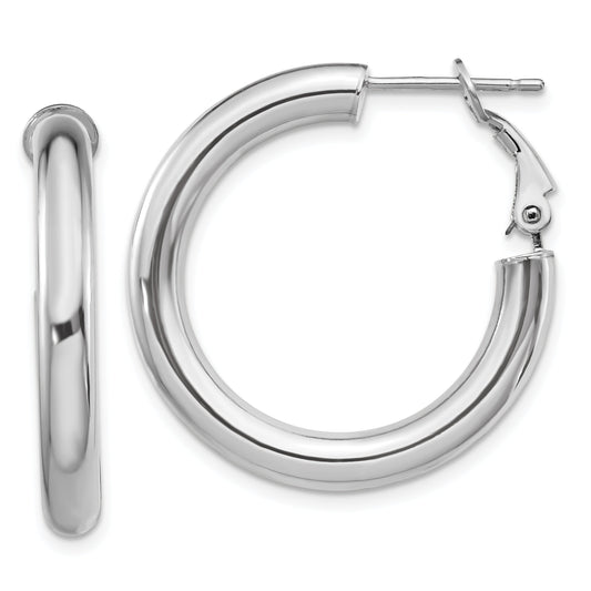 14K White Gold 4X20mm Polished Round Omega Back Hoop Earrings