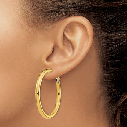 14K Yellow Gold 4X35mm Polished Round Omega Back Hoop Earrings