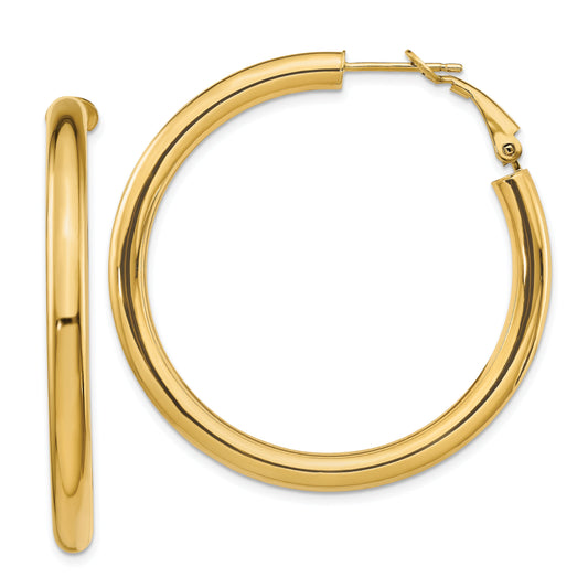 14K Yellow Gold 4X35mm Polished Round Omega Back Hoop Earrings