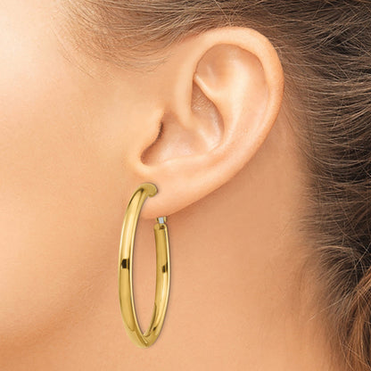 14K Yellow Gold 4X50mm Polished Round Omega Back Hoop Earrings