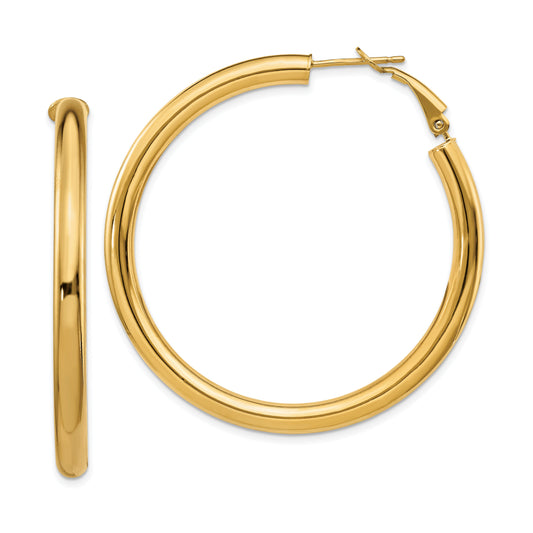 14K Yellow Gold 4X50mm Polished Round Omega Back Hoop Earrings