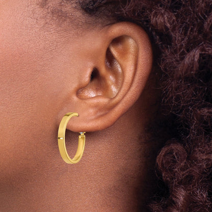 14K Yellow Gold 3X20mm Polished Square Tube Round Hoop Earrings