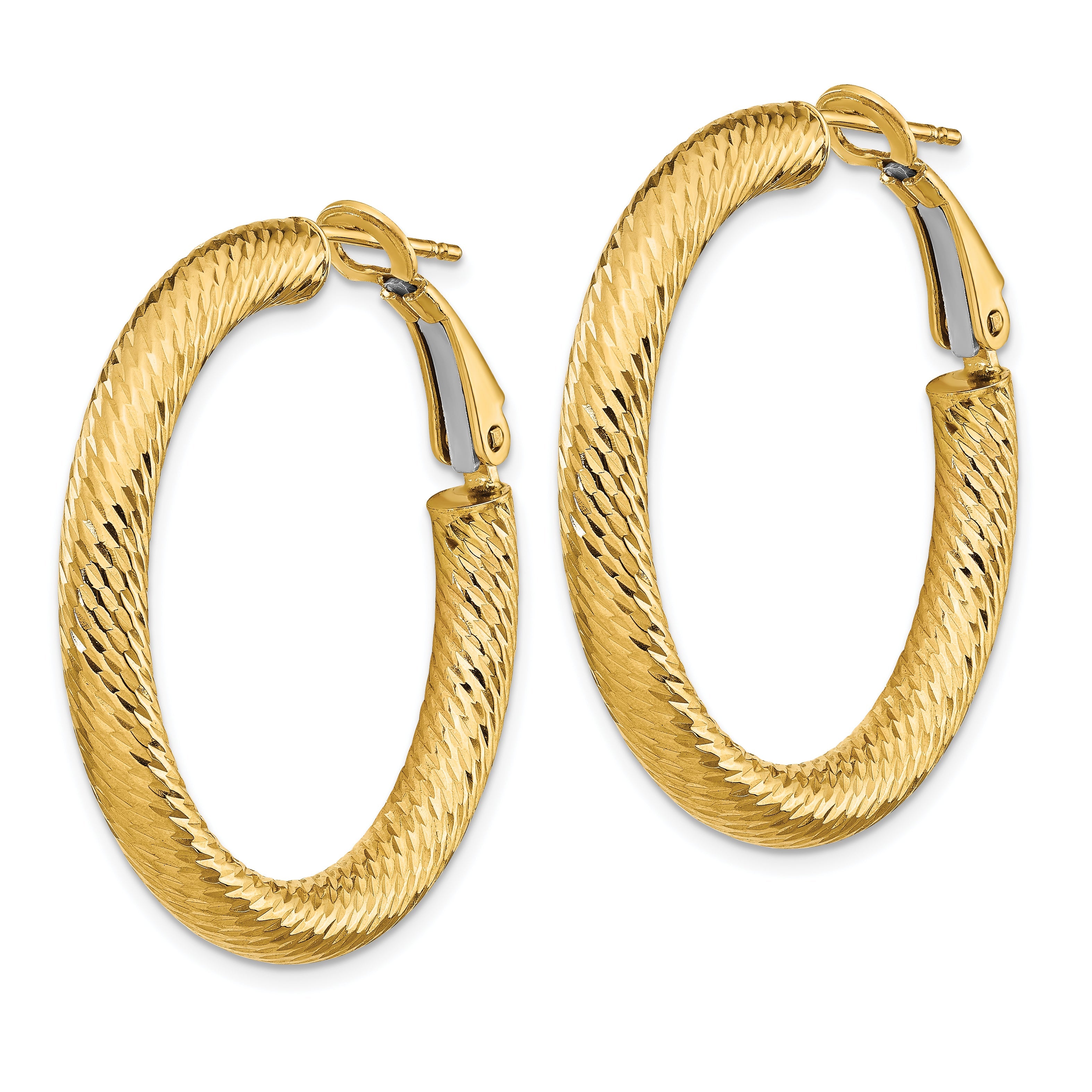 14K Yellow Gold 4X25mm Diamond-Cut Round Omega Back Hoop Earrings