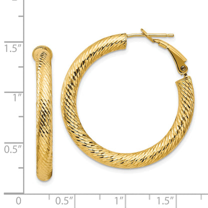 14K Yellow Gold 4X25mm Diamond-Cut Round Omega Back Hoop Earrings