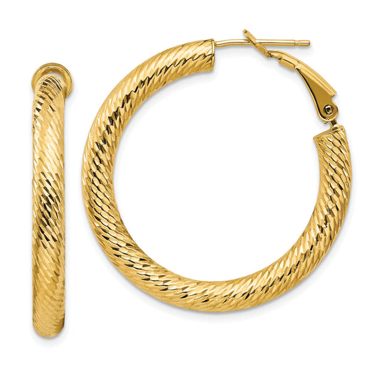 14K Yellow Gold 4X25mm Diamond-Cut Round Omega Back Hoop Earrings
