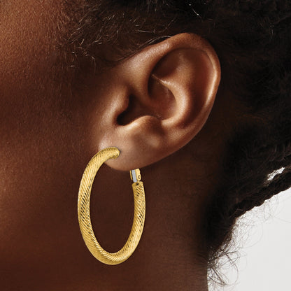 14K Yellow Gold 4X30mm Diamond-Cut Round Omega Back Hoop Earrings