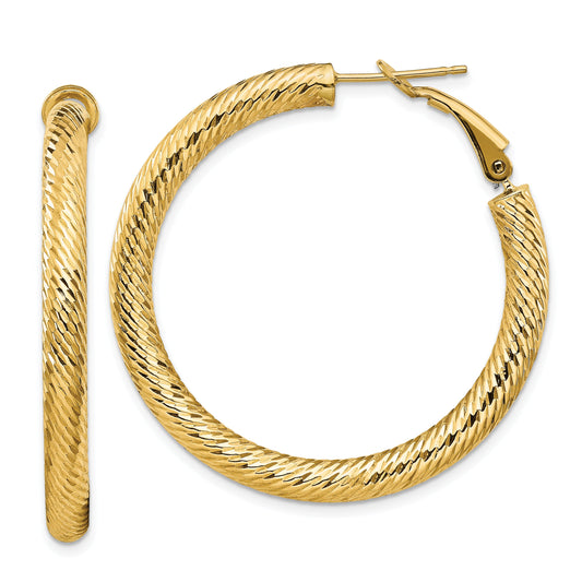 14K Yellow Gold 4X30mm Diamond-Cut Round Omega Back Hoop Earrings