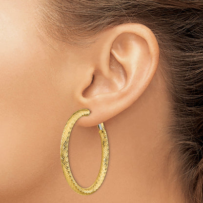 14K Yellow Gold 4X35mm Diamond-Cut Round Omega Back Hoop Earrings
