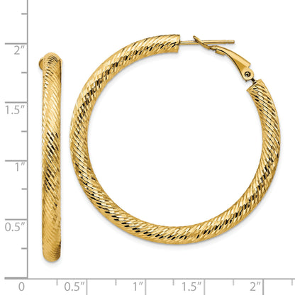 14K Yellow Gold 4X35mm Diamond-Cut Round Omega Back Hoop Earrings