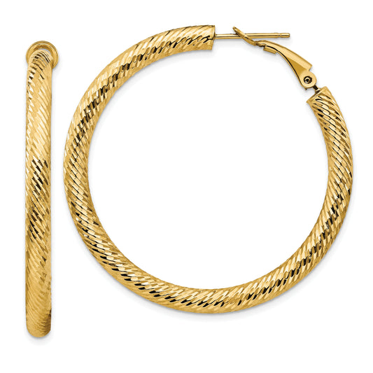 14K Yellow Gold 4X35mm Diamond-Cut Round Omega Back Hoop Earrings