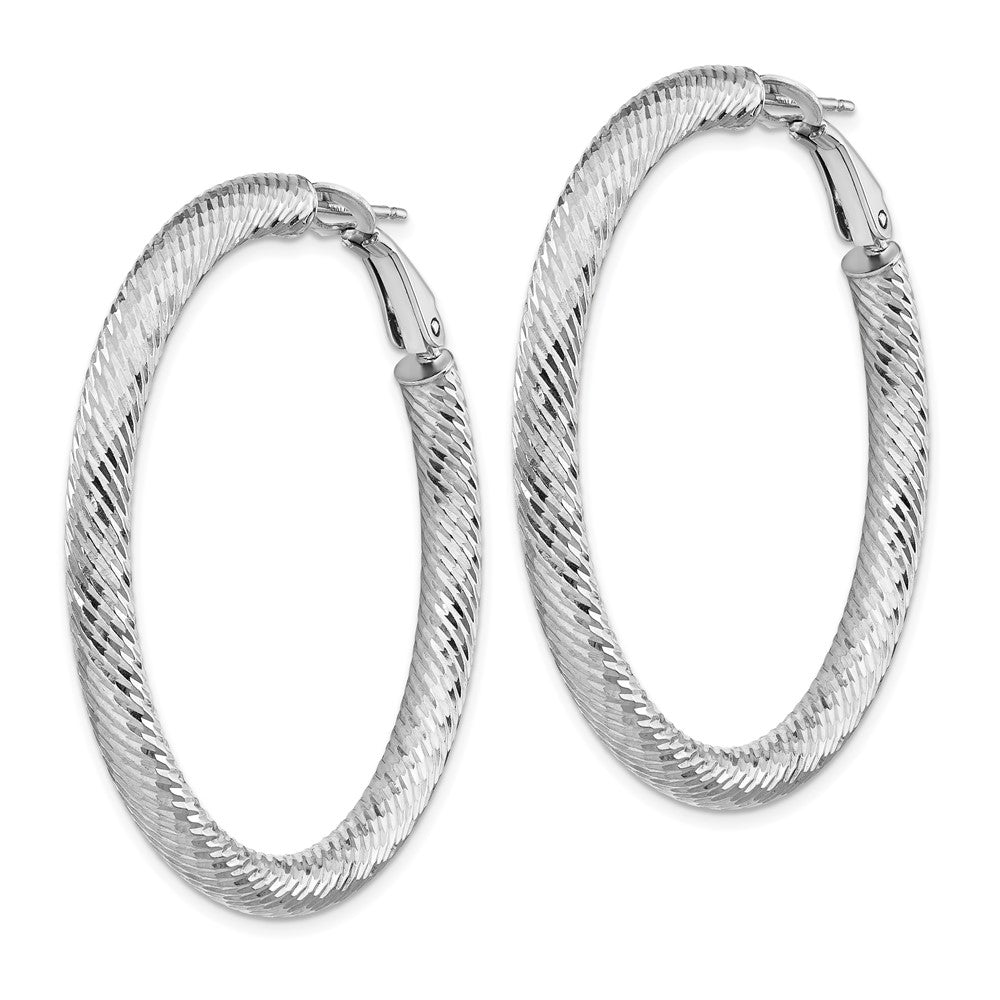 14K White Gold 4X35mm Diamond-Cut Round Omega Back Hoop Earrings