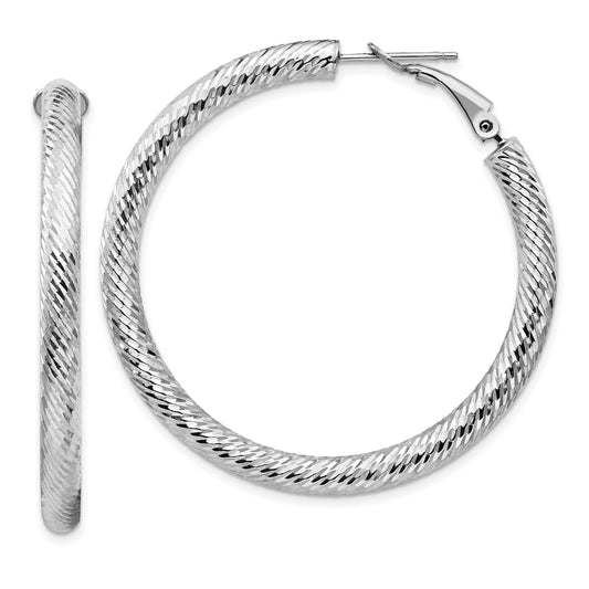 14K White Gold 4X35mm Diamond-Cut Round Omega Back Hoop Earrings