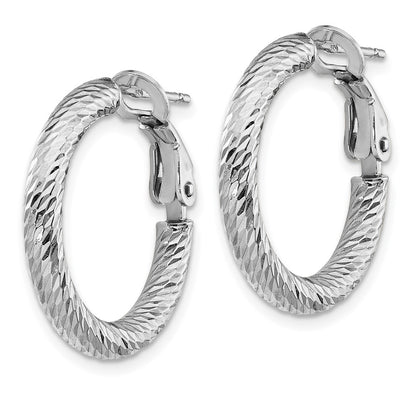 14K White Gold 3X15mm Diamond-Cut Round Omega Back Hoop Earrings