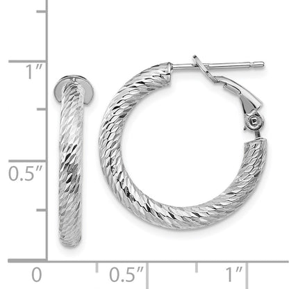 14K White Gold 3X15mm Diamond-Cut Round Omega Back Hoop Earrings
