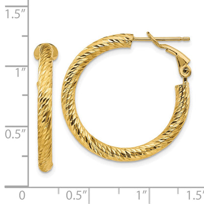 14K Yellow Gold 3X20mm Diamond-Cut Round Omega Back Hoop Earrings