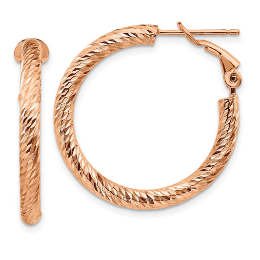14K Rose Gold 3mm Polished D/C Round Omega Back Hoop Earrings