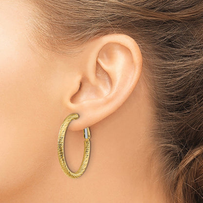 14K Yellow Gold 3X25mm Diamond-Cut Round Omega Back Hoop Earrings