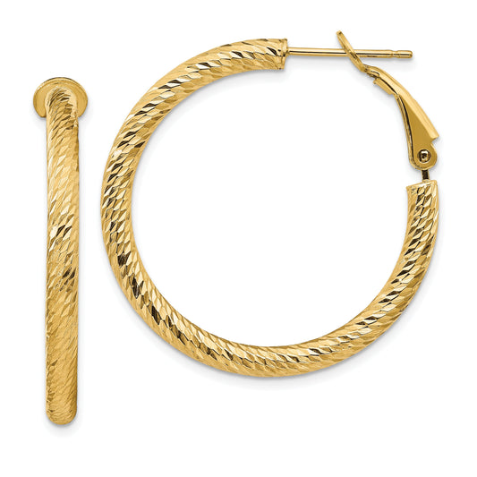 14K Yellow Gold 3X25mm Diamond-Cut Round Omega Back Hoop Earrings