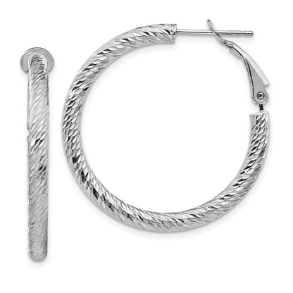 14K White Gold 3X25mm Diamond-Cut Round Omega Back Hoop Earrings