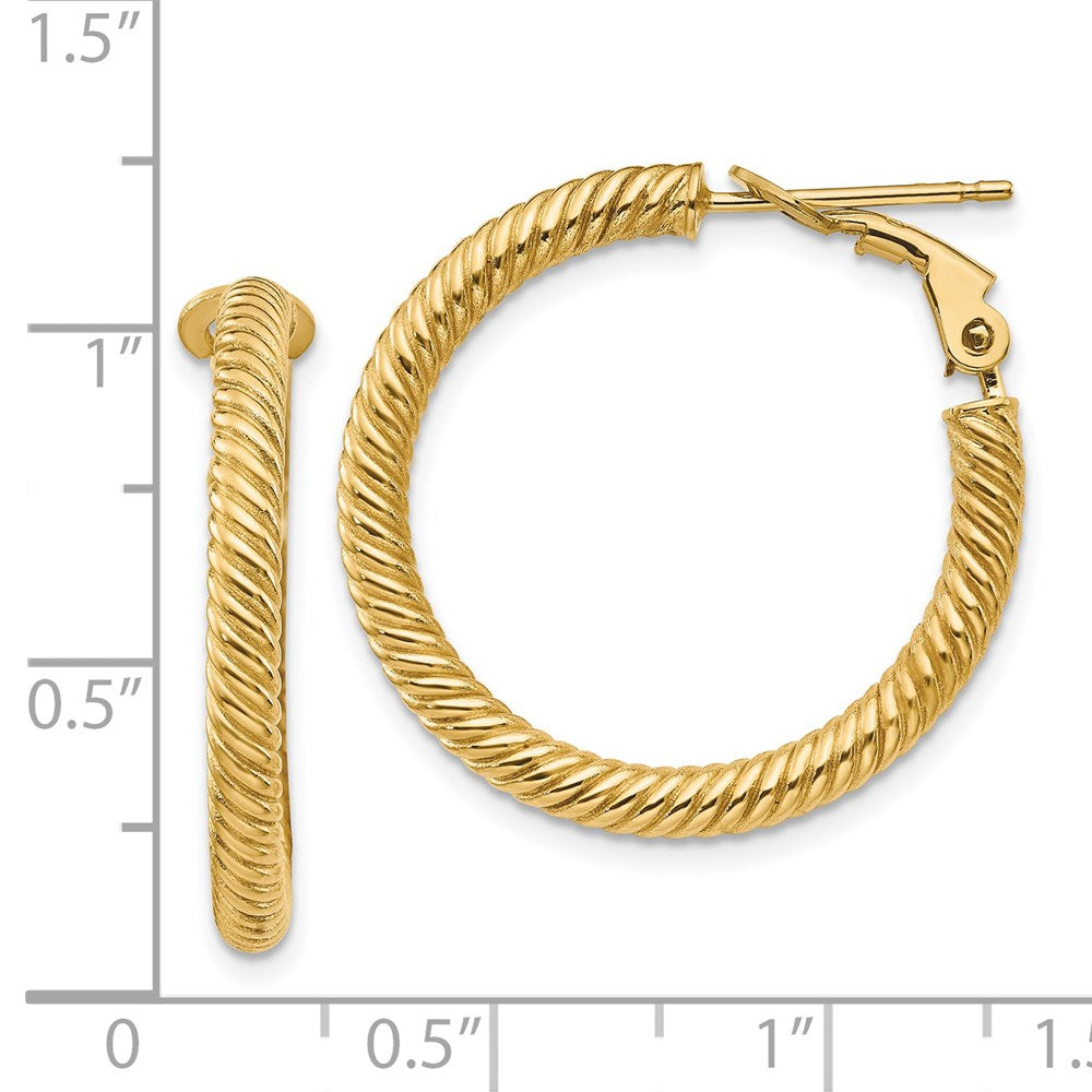 14K Yellow Gold 3X20mm Twisted Round Hoop Earrings