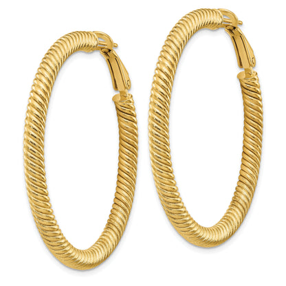 14K Yellow Gold 4X35mm Twisted Round Omega Back Hoop Earrings