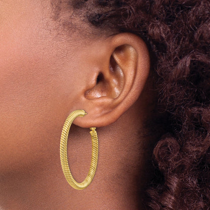 14K Yellow Gold 4X35mm Twisted Round Omega Back Hoop Earrings