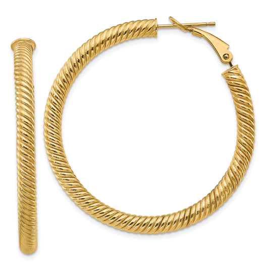14K Yellow Gold 4X35mm Twisted Round Omega Back Hoop Earrings