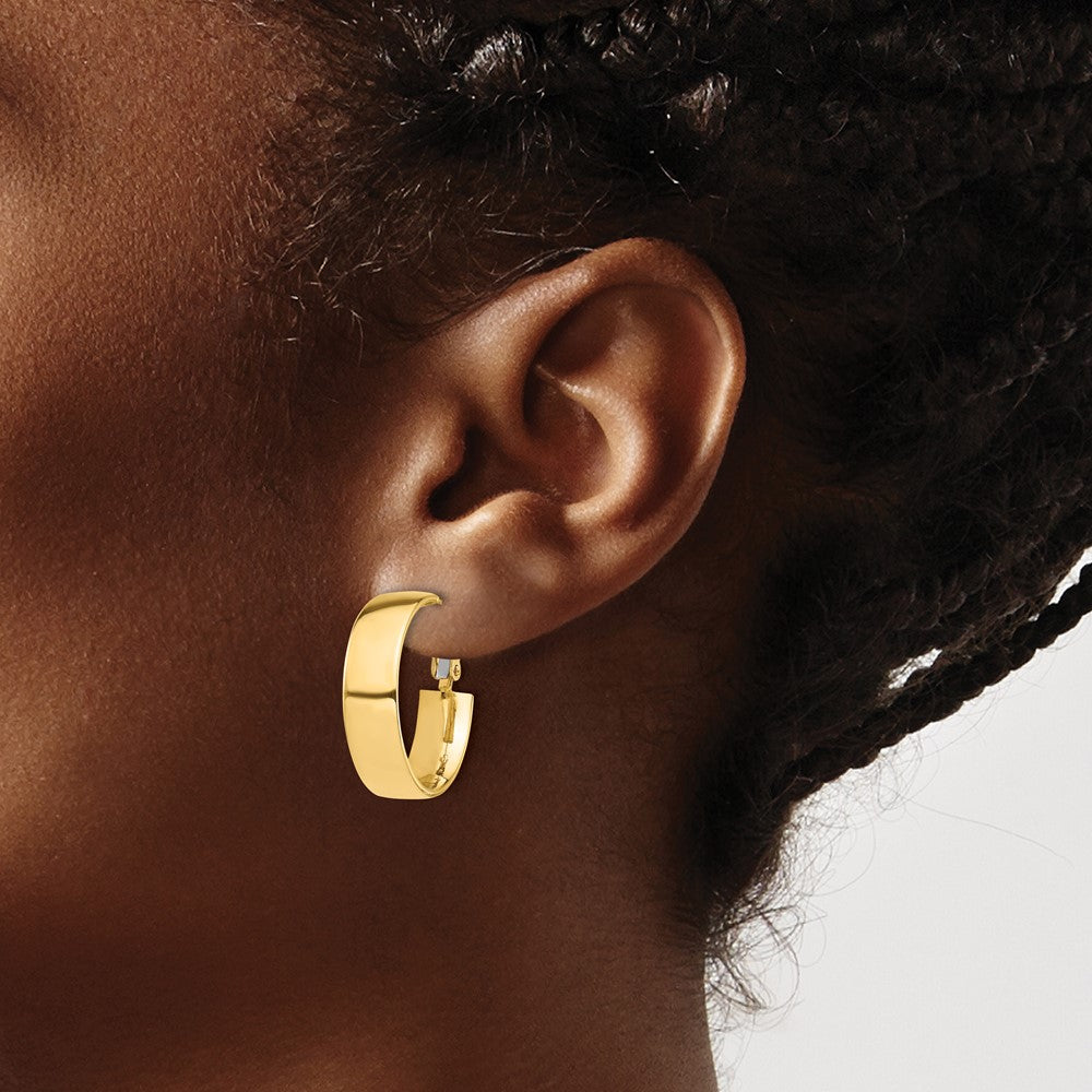 14K Yellow Gold High Polished 7mm Omega Back Hoop Earrings