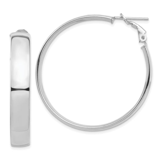 14K White Gold High Polished 7mm Omega Back Hoop Earrings