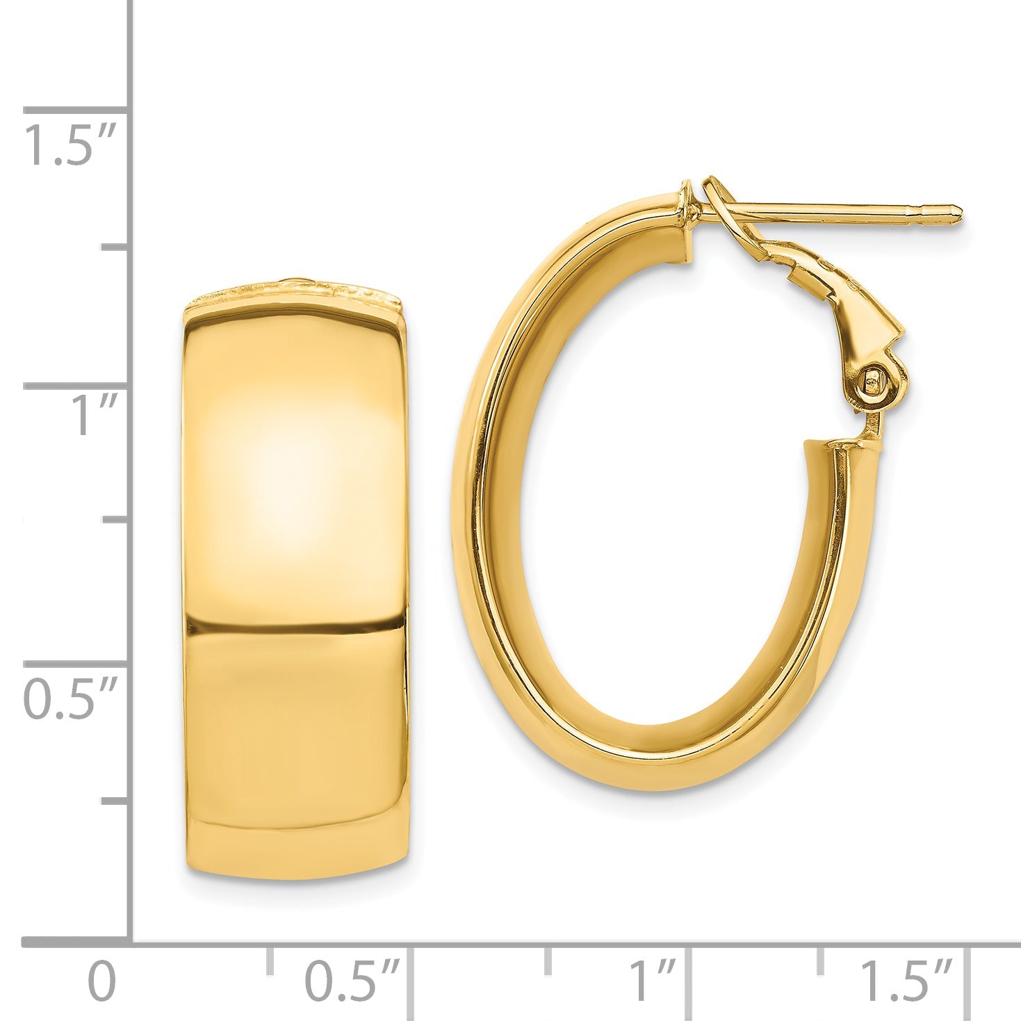 14K Yellow Gold High Polished 10mm Omega Back Oval Hoop Earrings