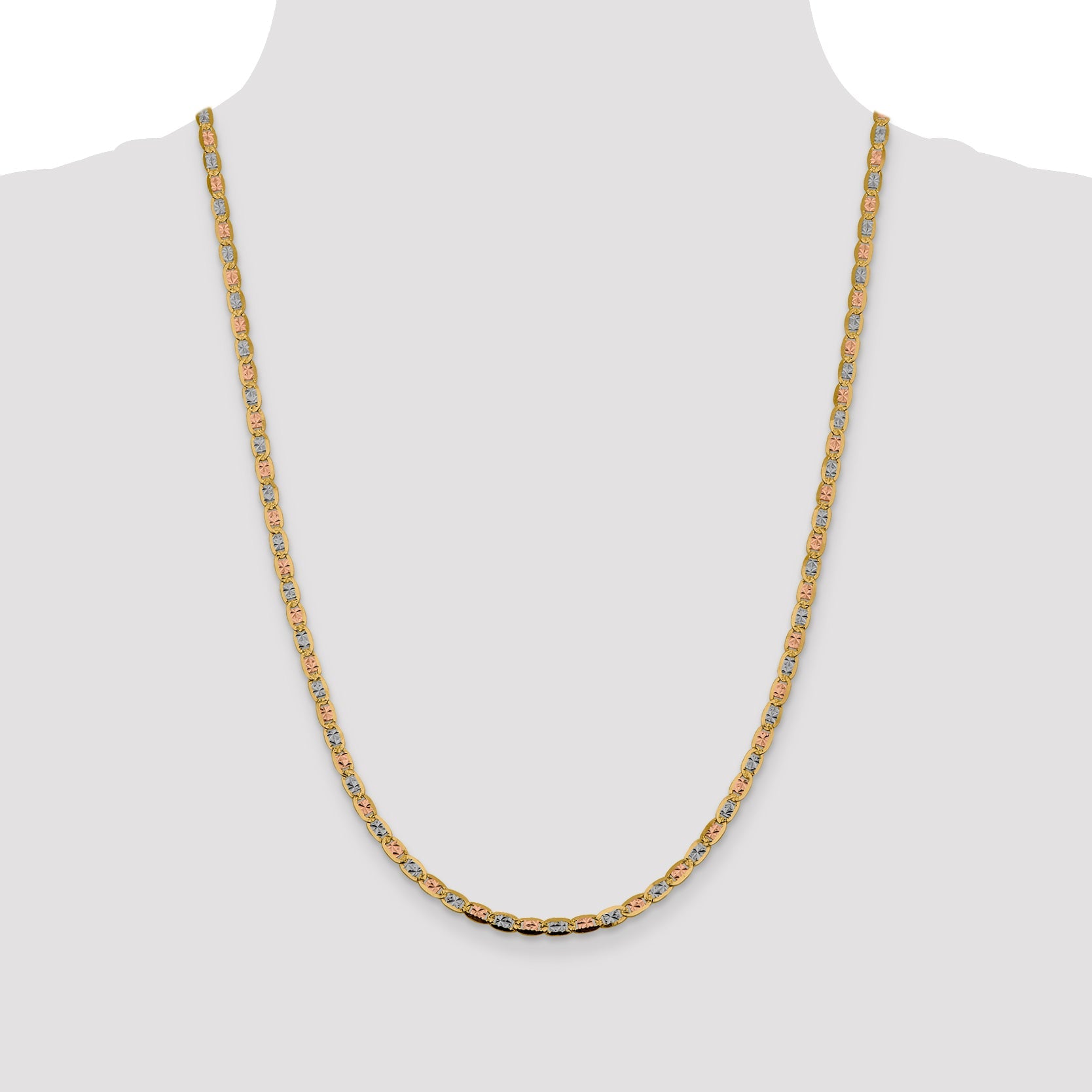 14K Tri-Color 24 Inch 3.8mm Pav Valentino With Lobster Clasp Chain Necklace