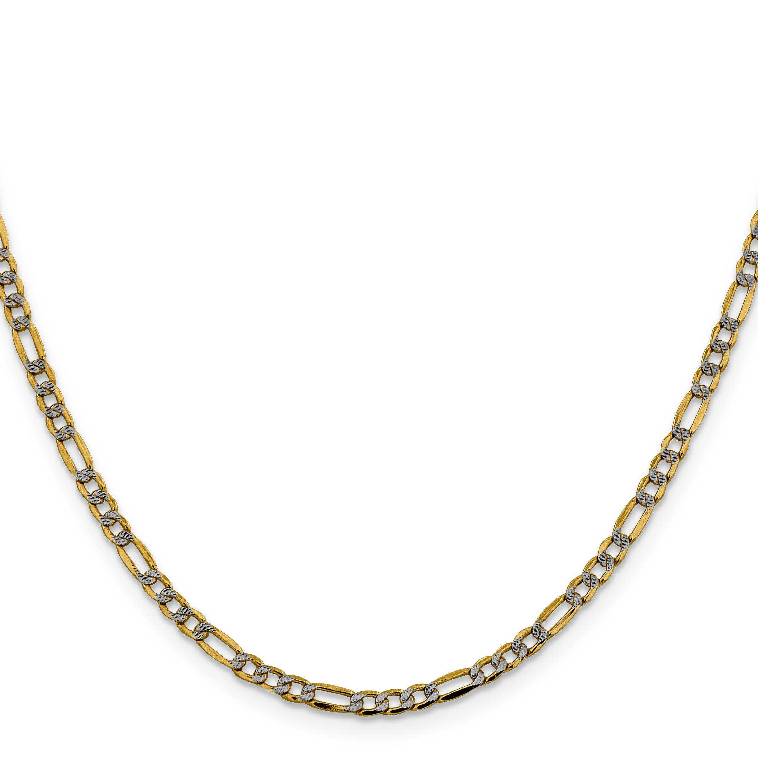 14K Yellow & Rhodium 20 Inch 3.2mm Semi-Solid With Pav Figaro Lobster Clasp Chain Necklace