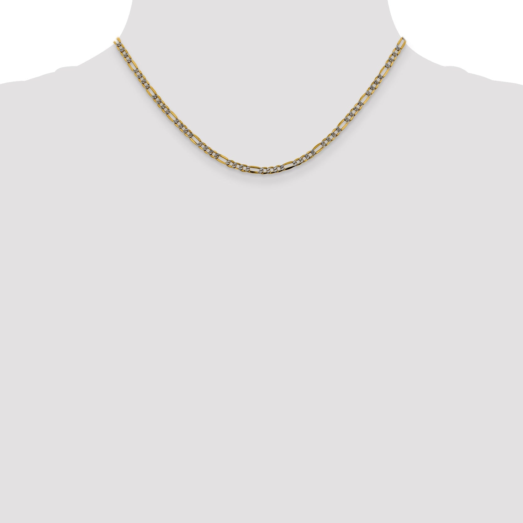 14K Yellow & Rhodium 16 Inch 3.2mm Semi-Solid With Pav Figaro Lobster Clasp Chain Necklace
