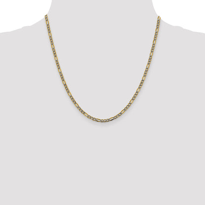 14K Yellow & Rhodium 20 Inch 3.2mm Semi-Solid With Pav Figaro Lobster Clasp Chain Necklace