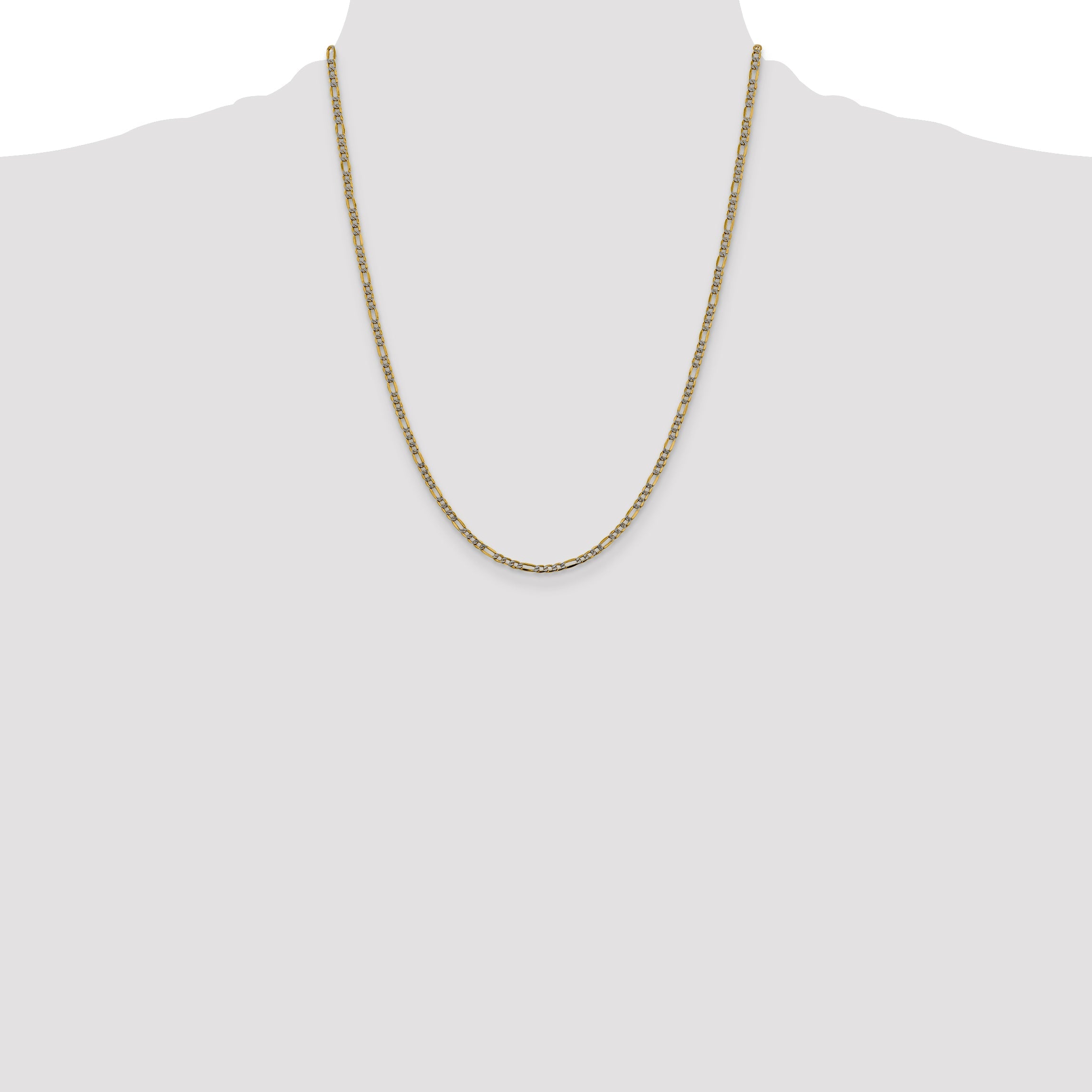 14K Yellow & Rhodium 22 Inch 3.2mm Semi-Solid With Pav Figaro Lobster Clasp Chain Necklace
