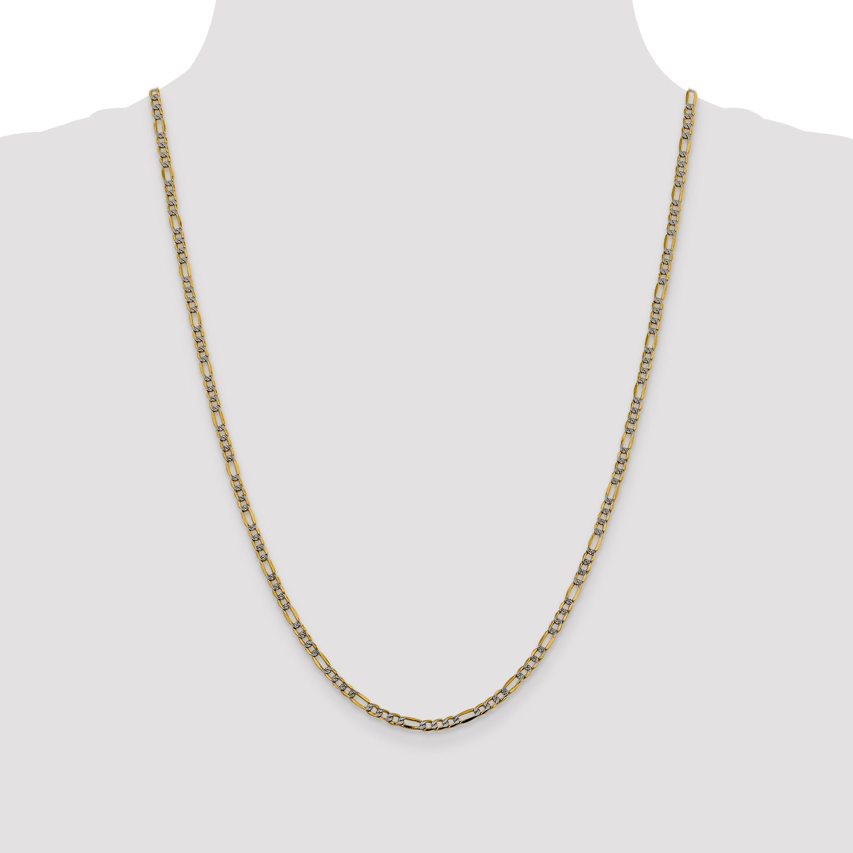 14K Yellow & Rhodium 24 Inch 3.2mm Semi-Solid With Pav Figaro Lobster Clasp Chain Necklace