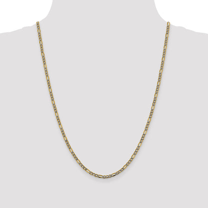 14K Yellow & Rhodium 24 Inch 3.2mm Semi-Solid With Pav Figaro Lobster Clasp Chain Necklace