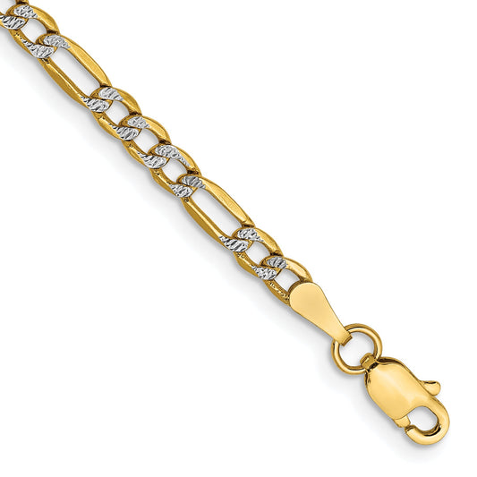 14K Yellow & Rhodium 7 Inch 3.2mm Semi-Solid With Pav Figaro Lobster Clasp Bracelet
