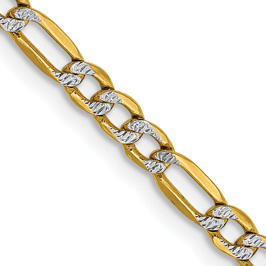 14K Yellow & Rhodium 18 Inch 3.2mm Semi-Solid With Pav Figaro Lobster Clasp Chain Necklace