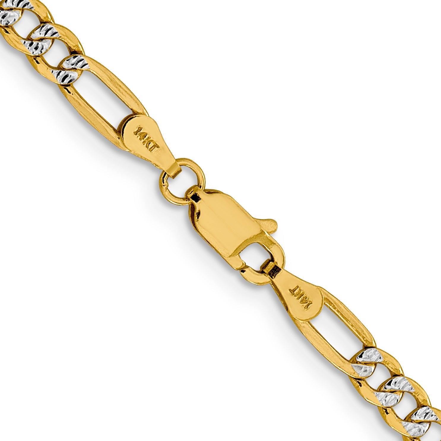 14K Yellow & Rhodium 18 Inch 3.9mm Semi-Solid With Pav Figaro Lobster Clasp Chain Necklace