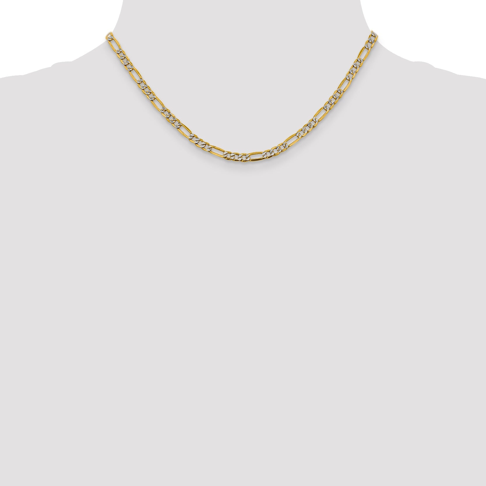14K Yellow & Rhodium 16 Inch 3.9mm Semi-Solid With Pav Figaro Lobster Clasp Chain Necklace