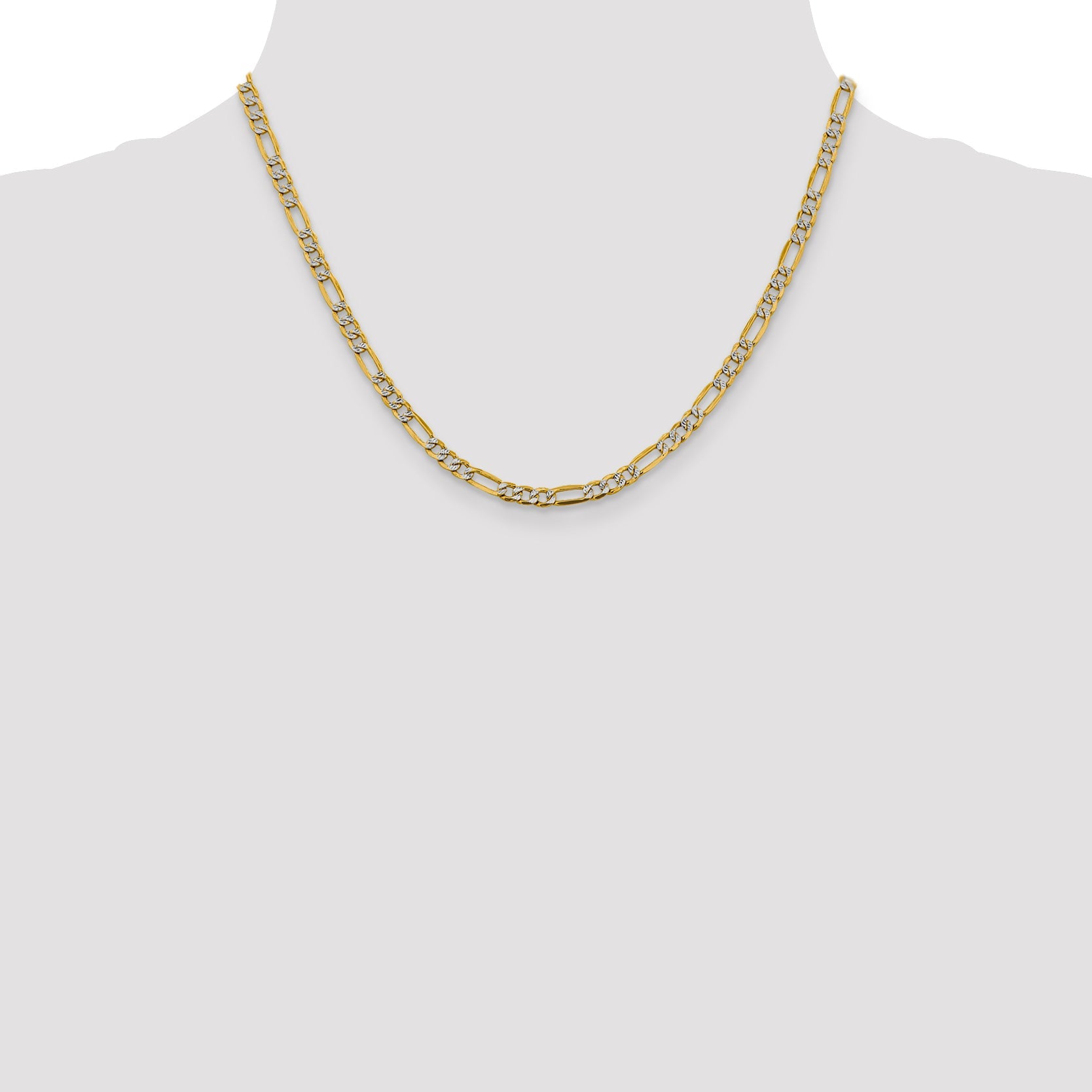 14K Yellow & Rhodium 18 Inch 3.9mm Semi-Solid With Pav Figaro Lobster Clasp Chain Necklace