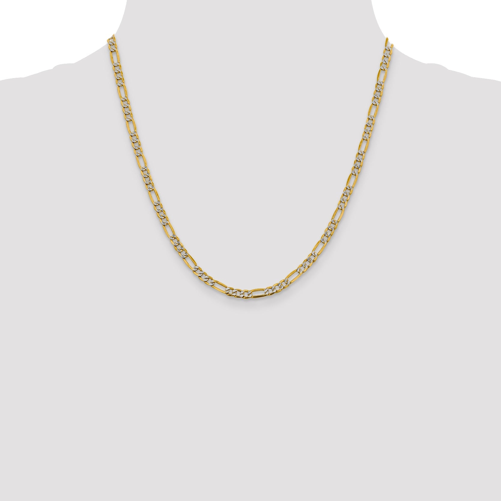 14K Yellow & Rhodium 20 Inch 3.9mm Semi-Solid With Pav Figaro Lobster Clasp Chain Necklace