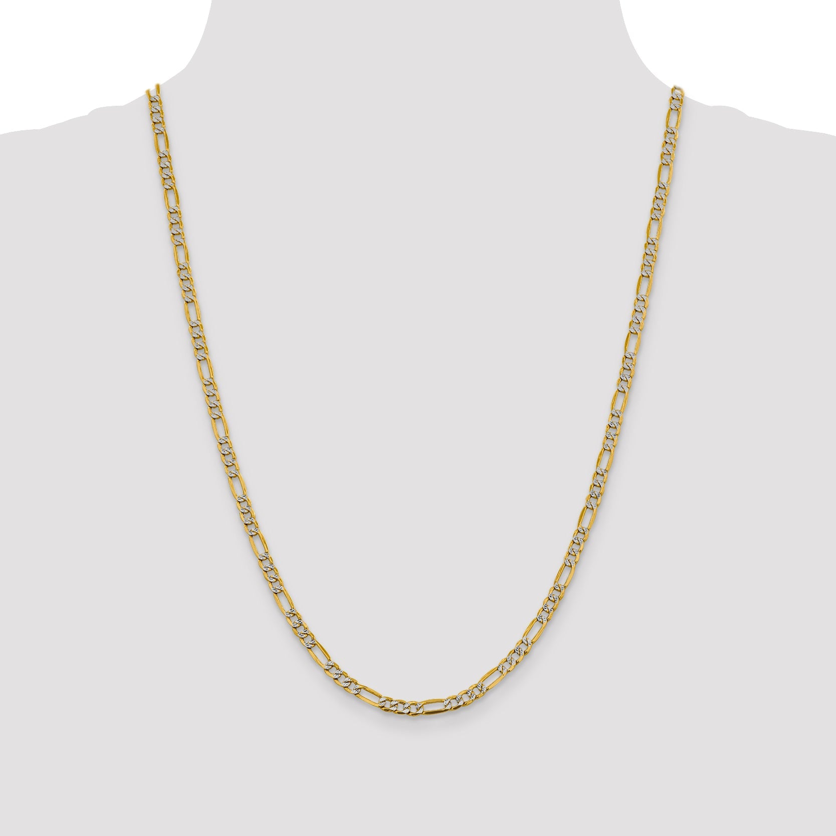 14K Yellow & Rhodium 24 Inch 3.9mm Semi-Solid With Pav Figaro Lobster Clasp Chain Necklace