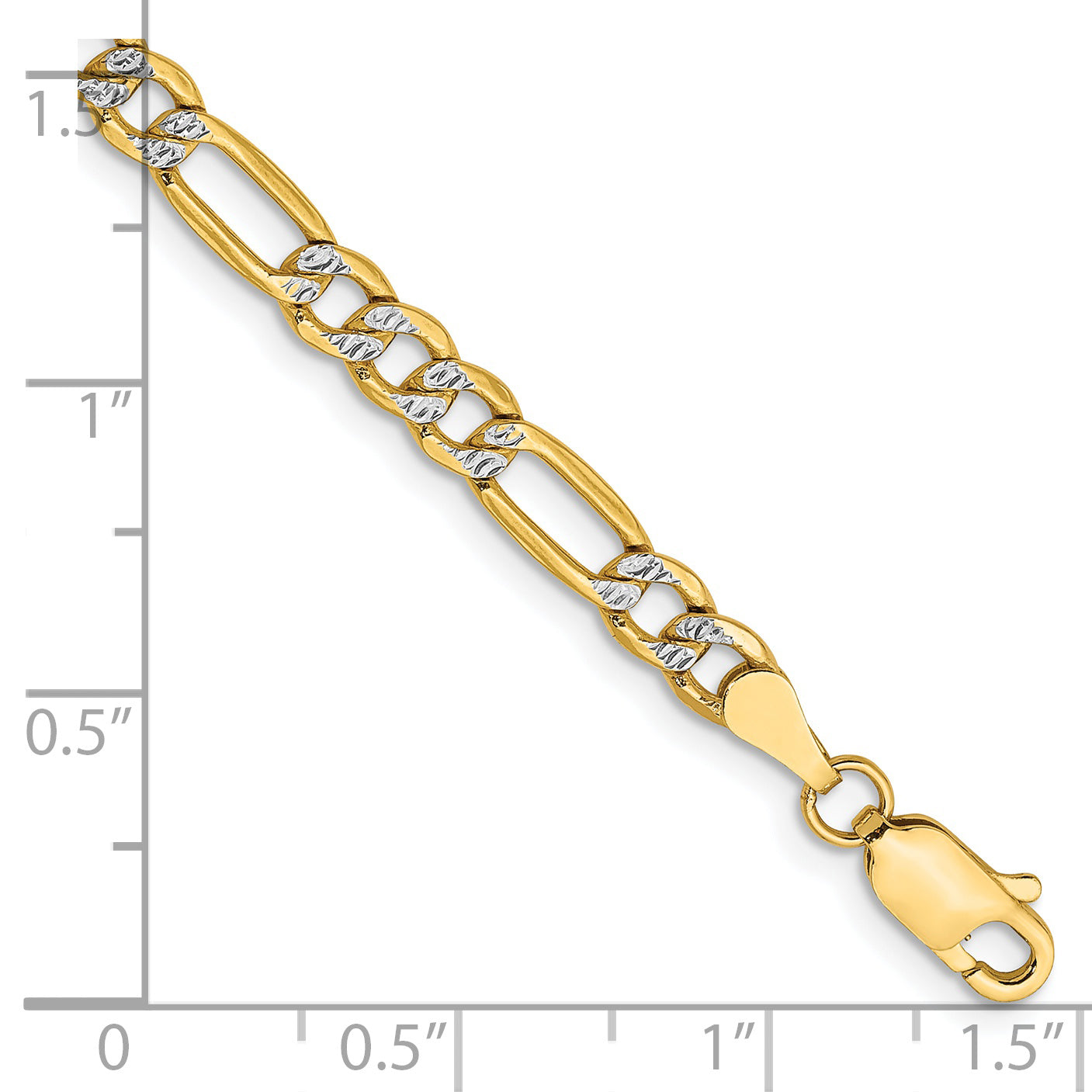 14K Yellow & Rhodium 7 Inch 3.9mm Semi-Solid With Pav Figaro Lobster Clasp Bracelet