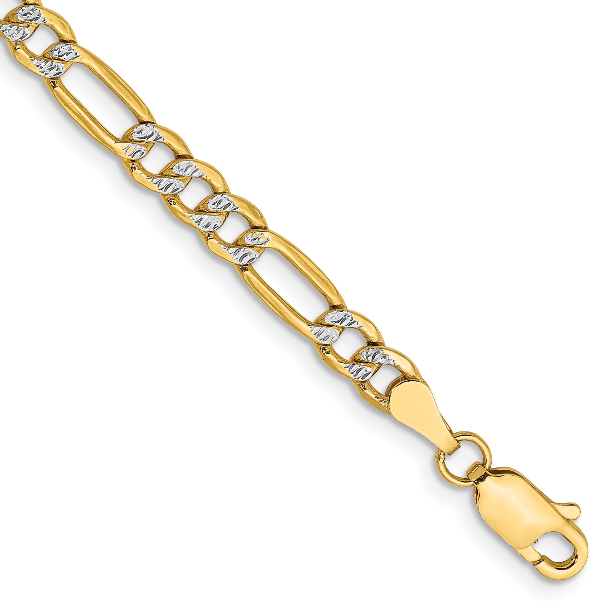 9 Inch 14K 3.9mm Semi-Solid With Rhodium Pav Figaro Chain Bracelet