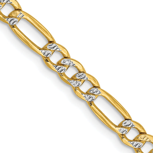 14K Yellow & Rhodium 20 Inch 3.9mm Semi-Solid With Pav Figaro Lobster Clasp Chain Necklace