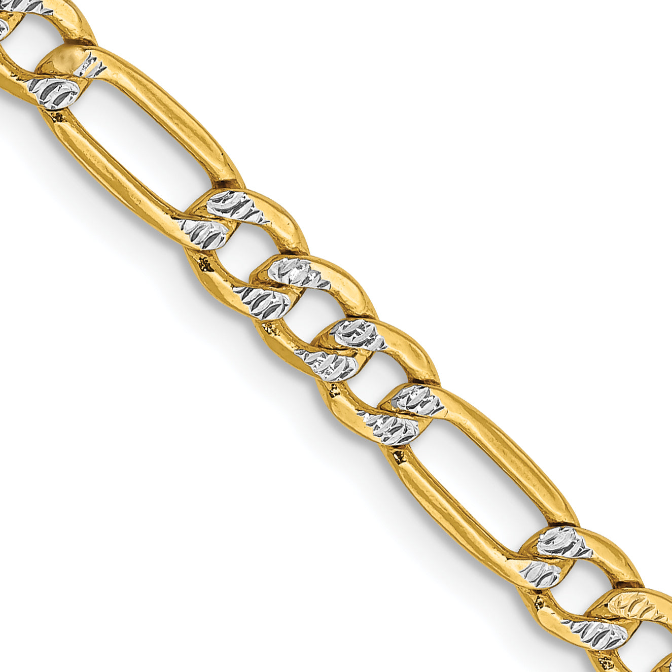 14K Yellow & Rhodium 24 Inch 3.9mm Semi-Solid With Pav Figaro Lobster Clasp Chain Necklace